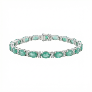 Sterling silver tennis bracelet with emerald stones, front view