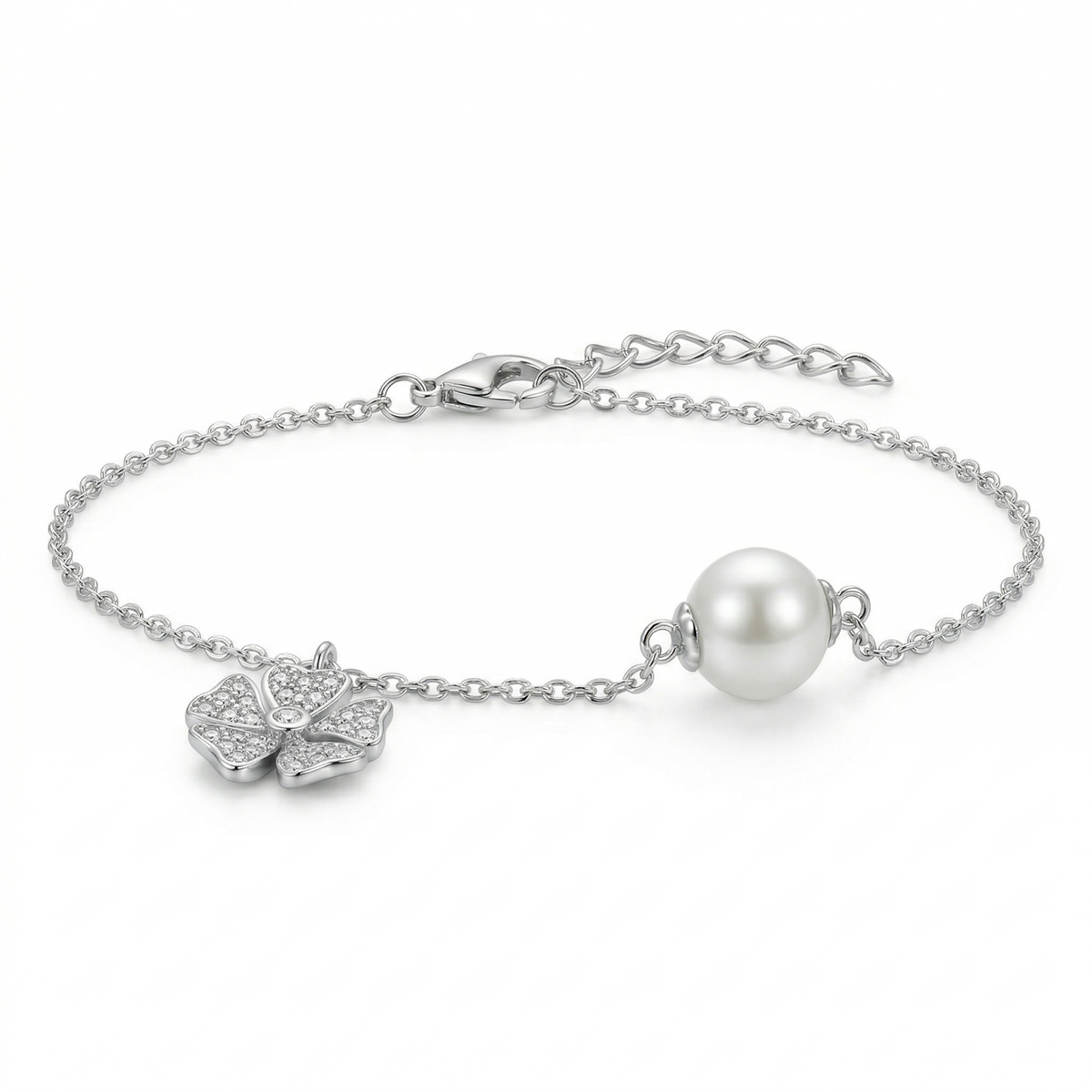 Sterling silver bracelet with clover charm and pearl, side view