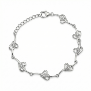 Sterling silver heart link bracelet with lobster clasp, top view