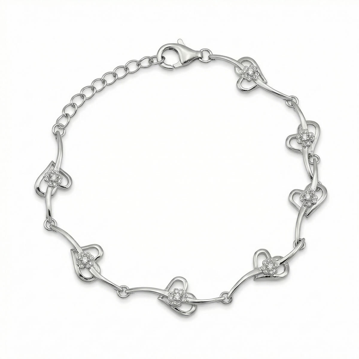 Sterling silver heart link bracelet with lobster clasp, top view