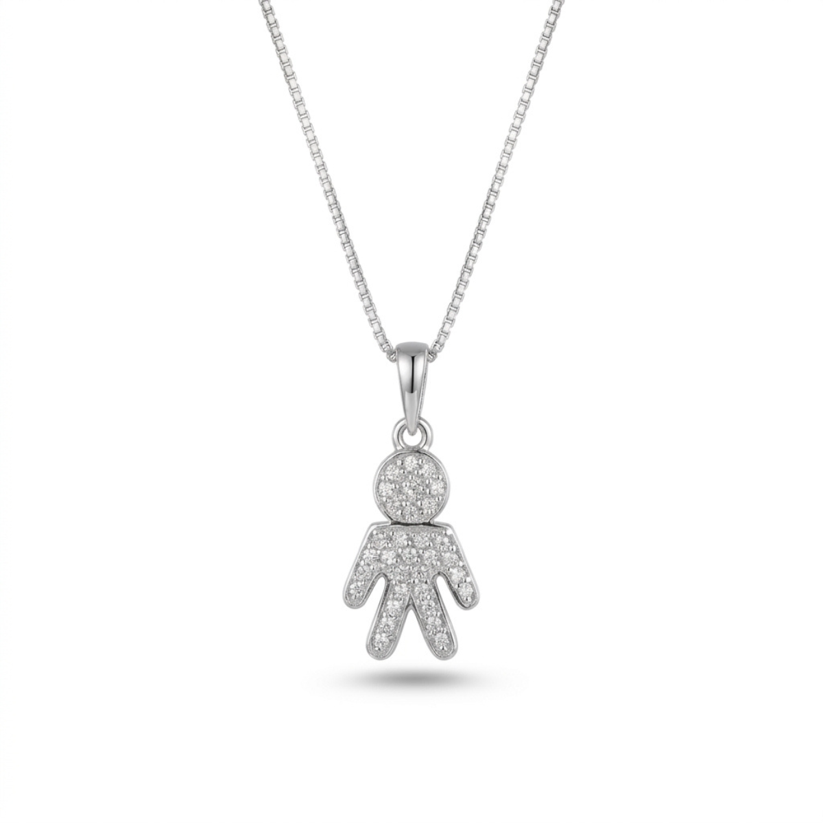 Sterling silver child figure pendant necklace on box chain, front view