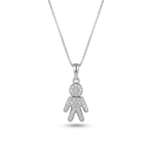 Sterling silver child figure pendant necklace on box chain, front view