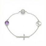 Sterling silver charm bracelet with amethyst accent, top view