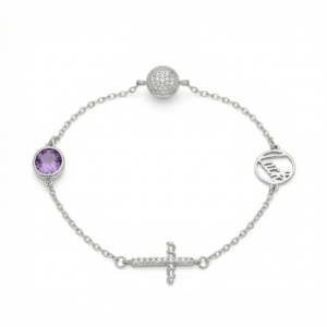 Sterling silver charm bracelet with amethyst accent, top view