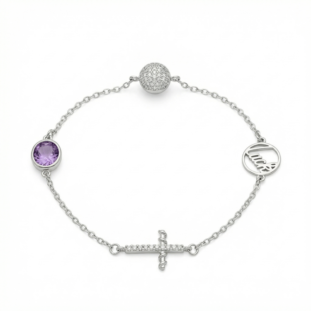 Sterling silver charm bracelet with amethyst accent, top view