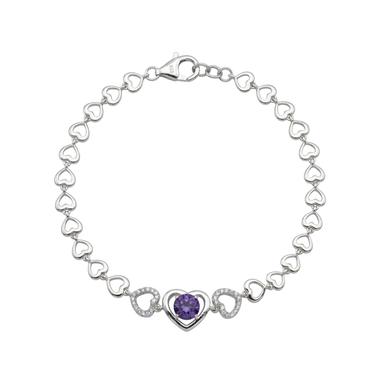Amethyst Heart Bracelet - 925 Sterling Silver - Dublin Silver