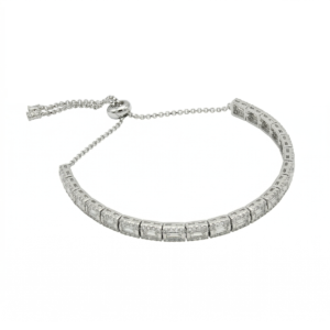 Sterling silver tennis bracelet with adjustable chain, side view