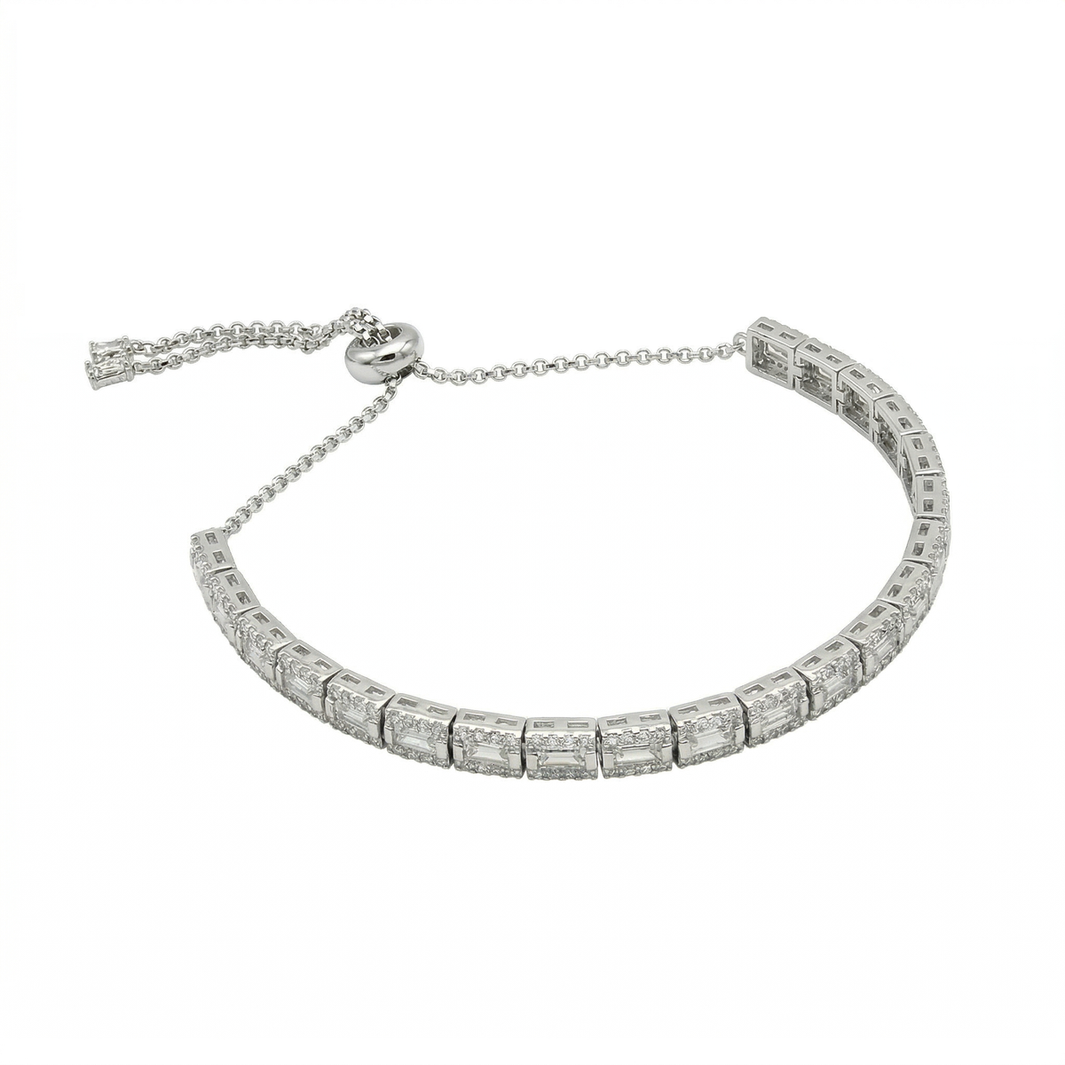Sterling silver tennis bracelet with adjustable chain, side view