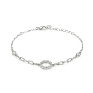 Sterling silver circle bracelet with adjustable chain, front view