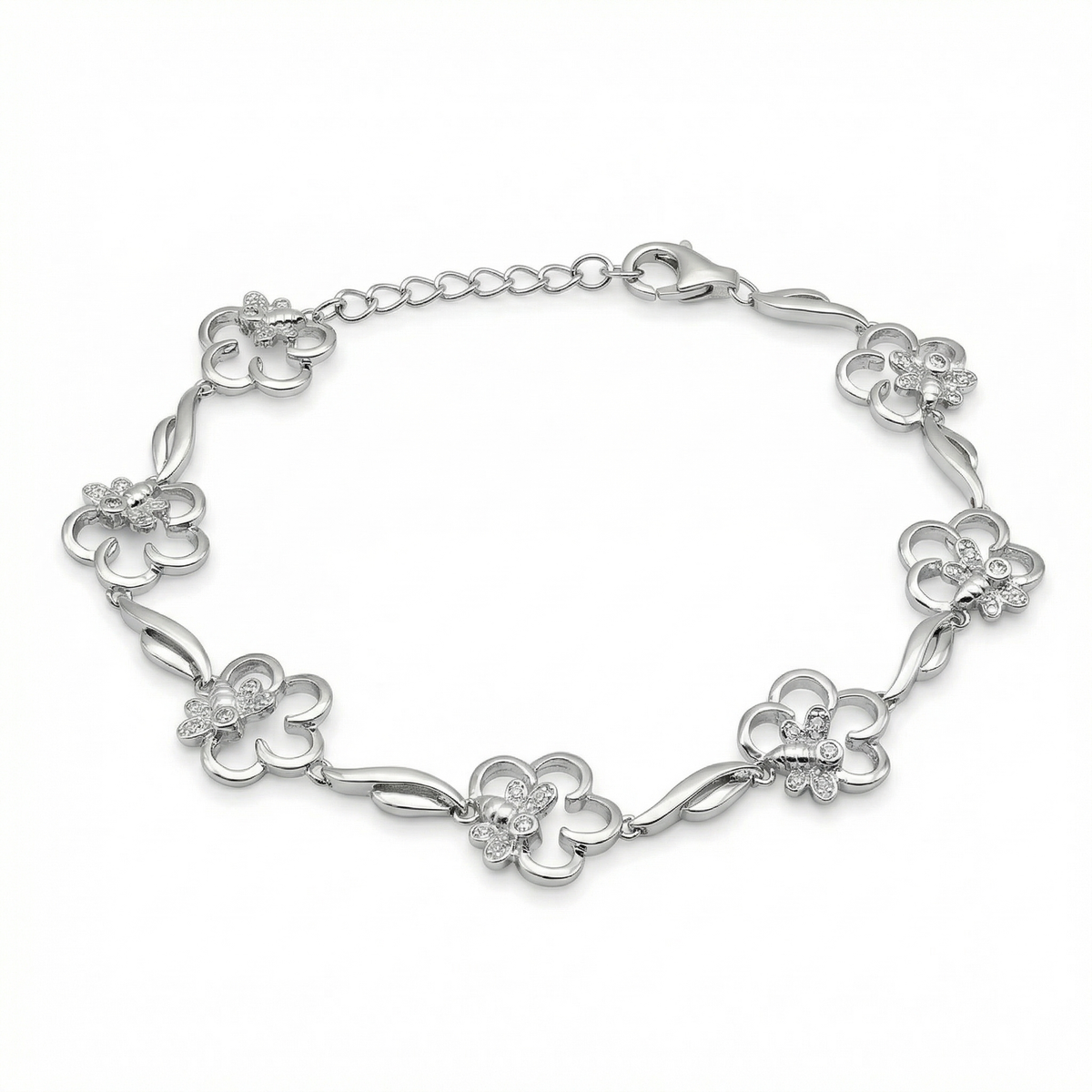 Sterling silver floral bracelet with lobster clasp, top view