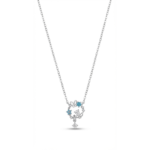Sterling silver butterfly and floral pendant necklace with blue and clear gemstones, front view