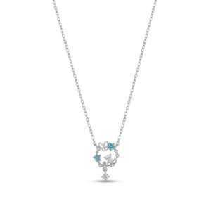 Sterling silver butterfly and floral pendant necklace with blue and clear gemstones, front view