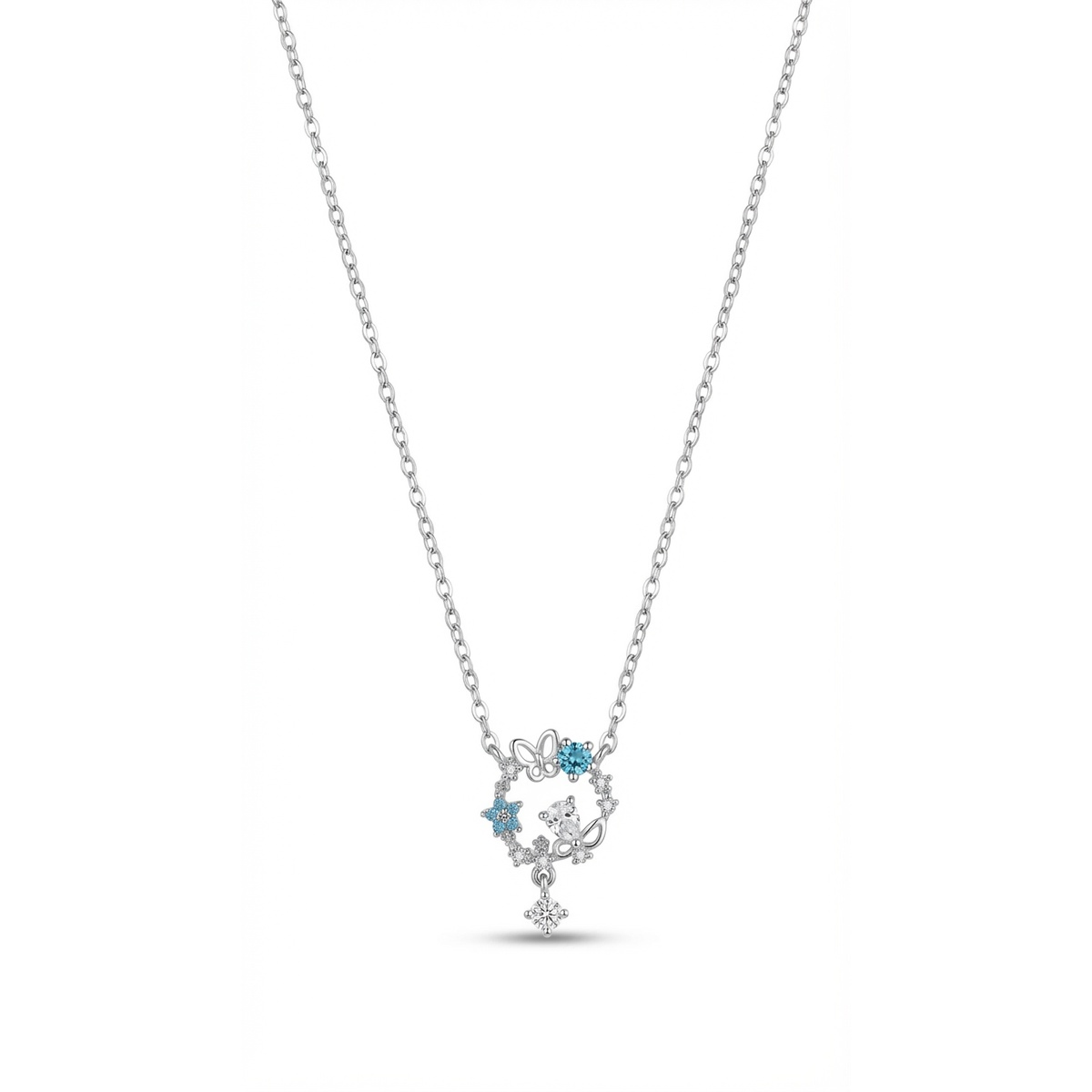 Sterling silver butterfly and floral pendant necklace with blue and clear gemstones, front view