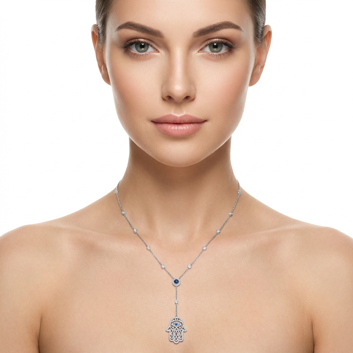925 Sterling Silver Hamsa Hand Necklace Evil Eye Pendant | Dublin Silver
