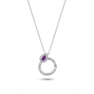Sterling silver necklace with amethyst teardrop pendant and circle design, front view