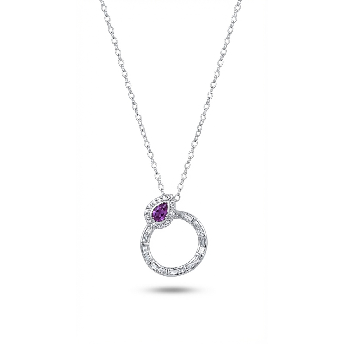 Sterling silver necklace with amethyst teardrop pendant and circle design, front view