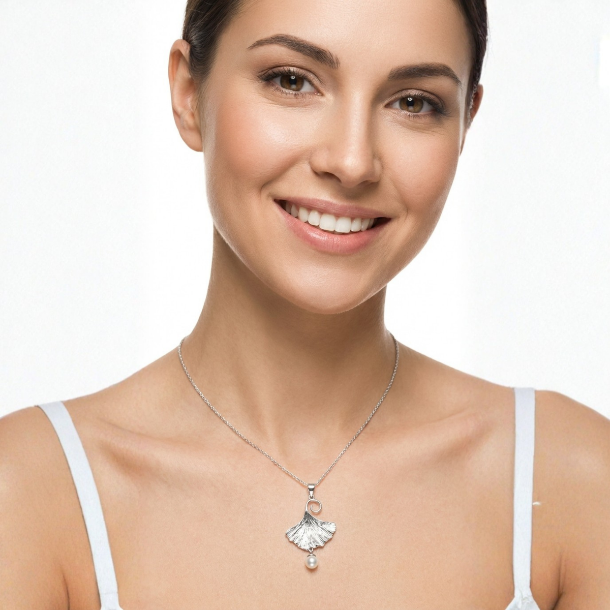 Sterling Silver Ginkgo Leaf Pendant Necklace with Pearl | Dublin Silver