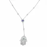 Sterling silver Hamsa Hand necklace with evil eye pendant, front view