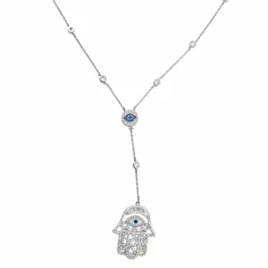 Sterling silver Hamsa Hand necklace with evil eye pendant, front view