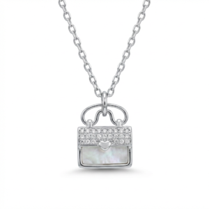 Sterling silver handbag pendant on chain, front view