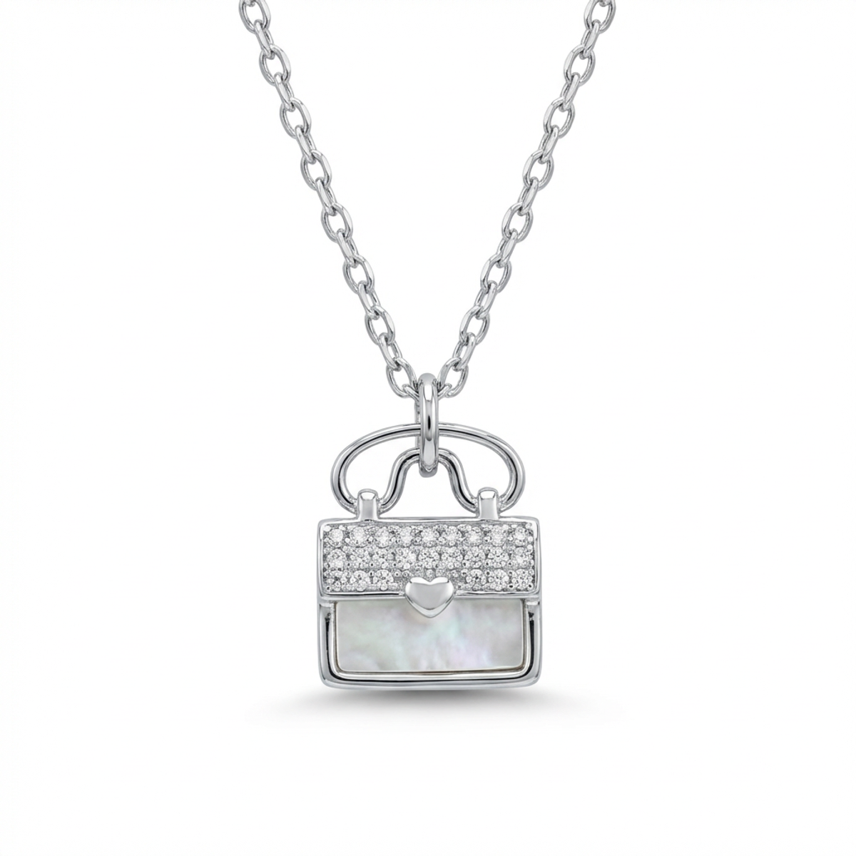 Sterling silver handbag pendant on chain, front view