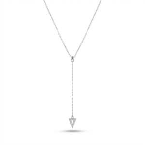 Sterling silver triangle pendant necklace with delicate chain, front view