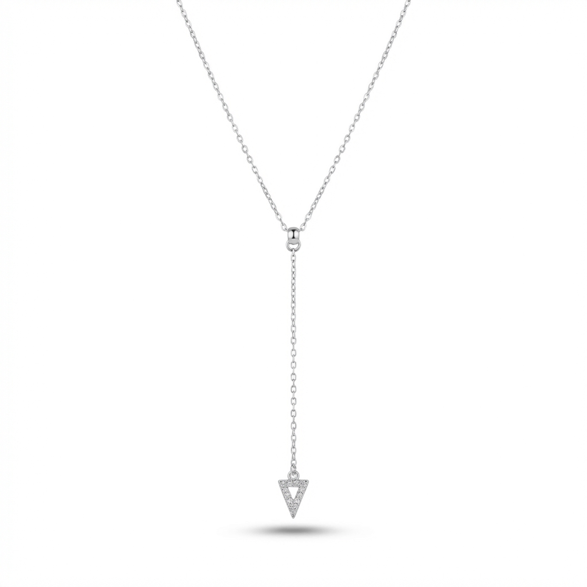 Sterling silver triangle pendant necklace with delicate chain, front view