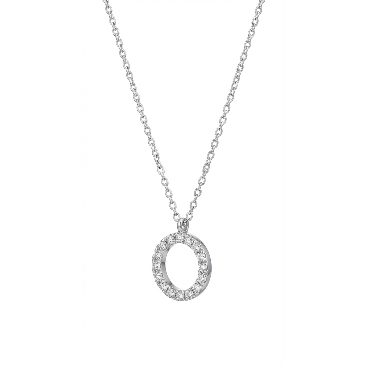 Sterling silver circle pendant necklace with cubic zirconia, front view