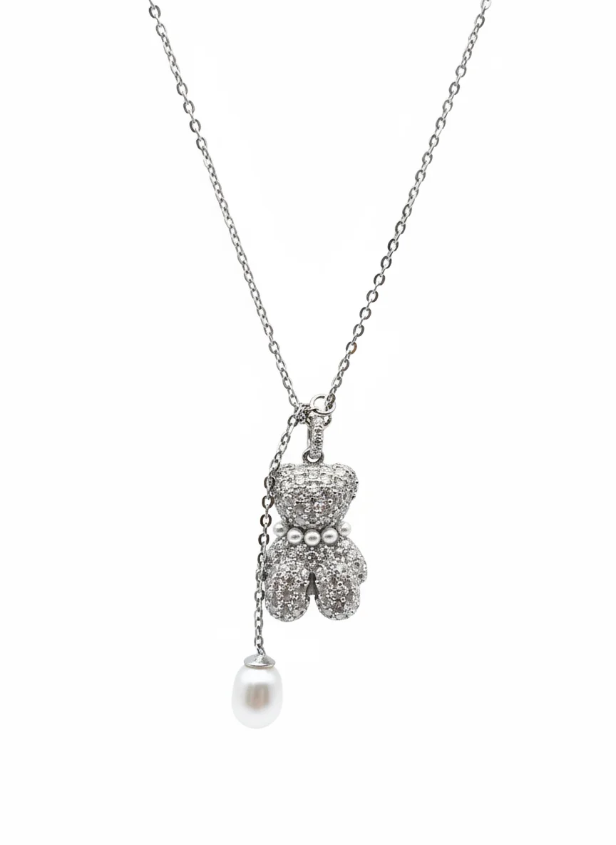 Dublin Silver 925 Sterling Silver Teddy Bear Pendant Necklace with Pearl Charm