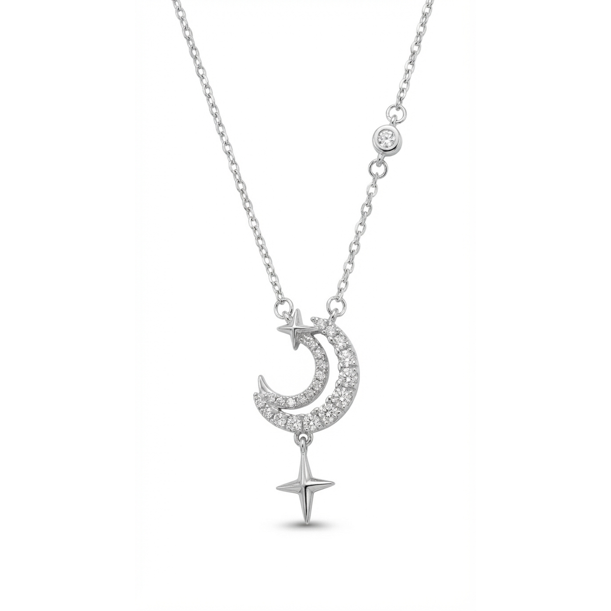 Sterling silver moon and star pendant necklace with delicate chain, front view