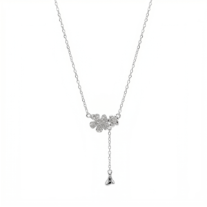 Sterling silver floral pendant necklace with cubic zirconia, front view