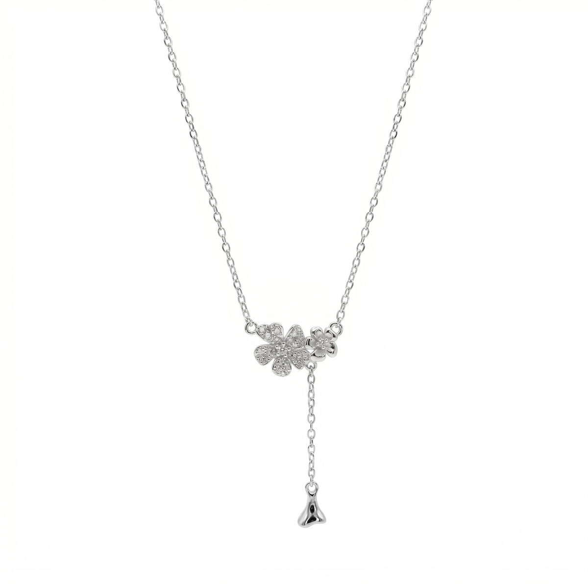 Sterling silver floral pendant necklace with cubic zirconia, front view