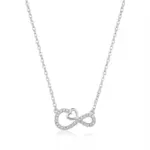 Sterling silver infinity heart pendant on chain, front view