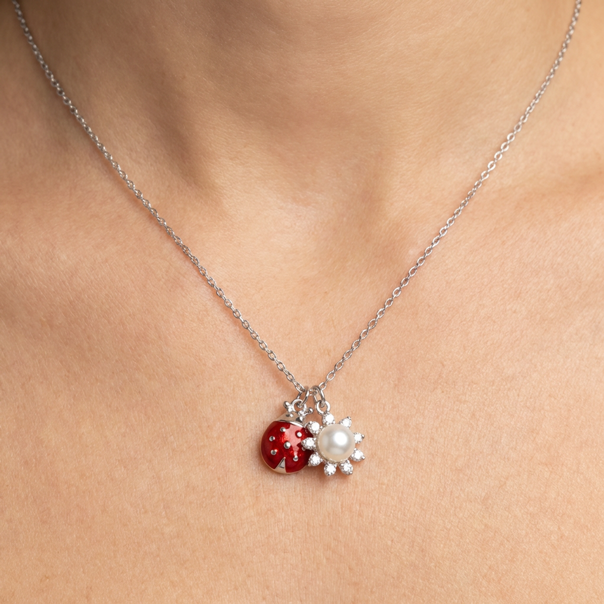 925 Sterling Silver Ladybird and Flower Pendant Necklace | Dublin Silver