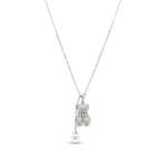 Sterling silver teddy bear pendant with pearl charm on chain, front view