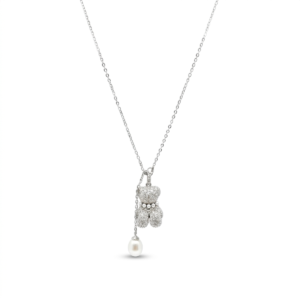 Sterling silver teddy bear pendant with pearl charm on chain, front view
