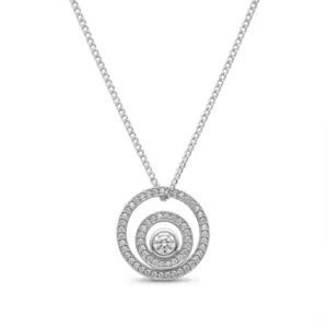Sterling silver circle pendant necklace with cubic zirconia, front view