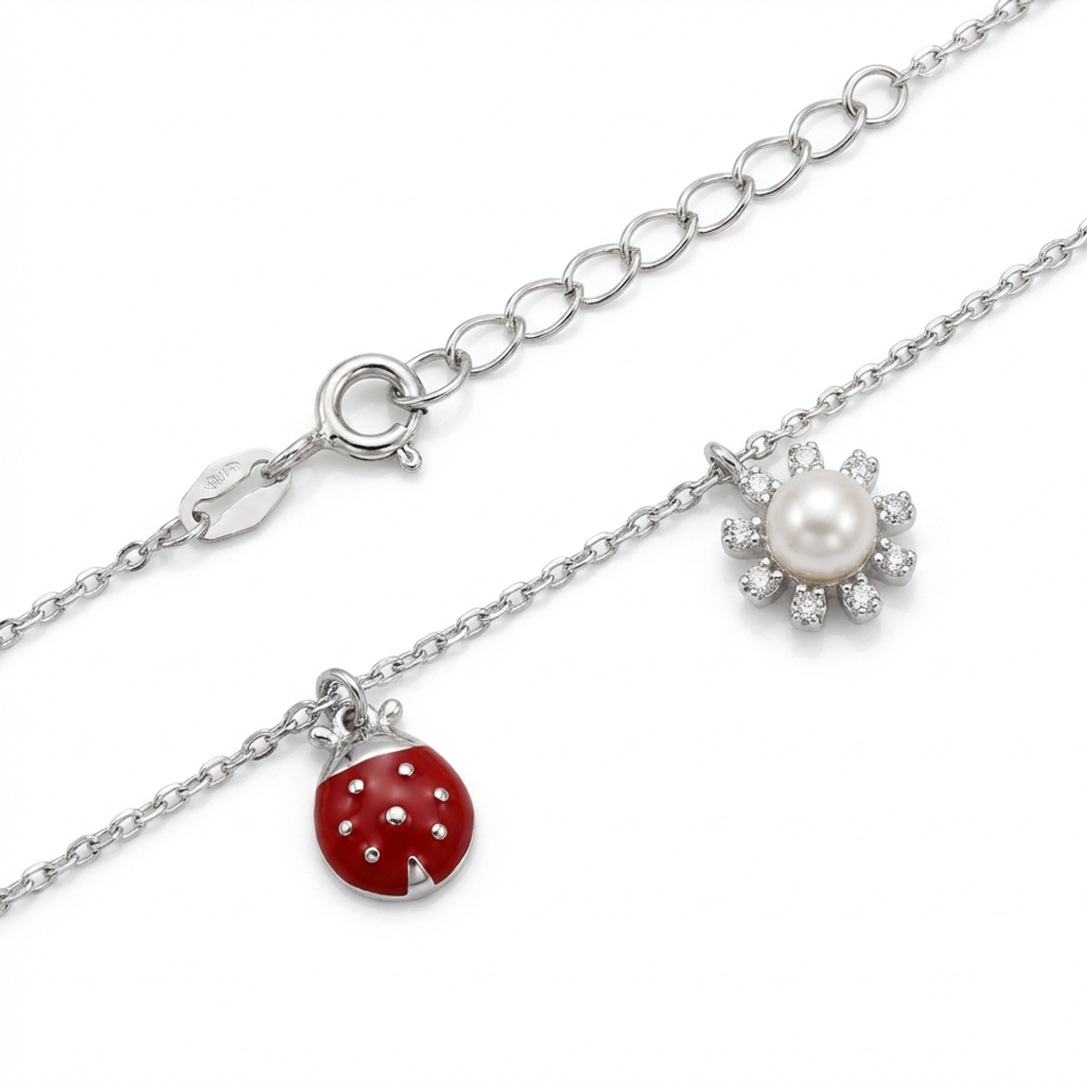 925 Sterling Silver Ladybird and Flower Pendant Necklace | Dublin Silver