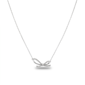 Sterling silver bow pendant necklace on delicate chain, front view