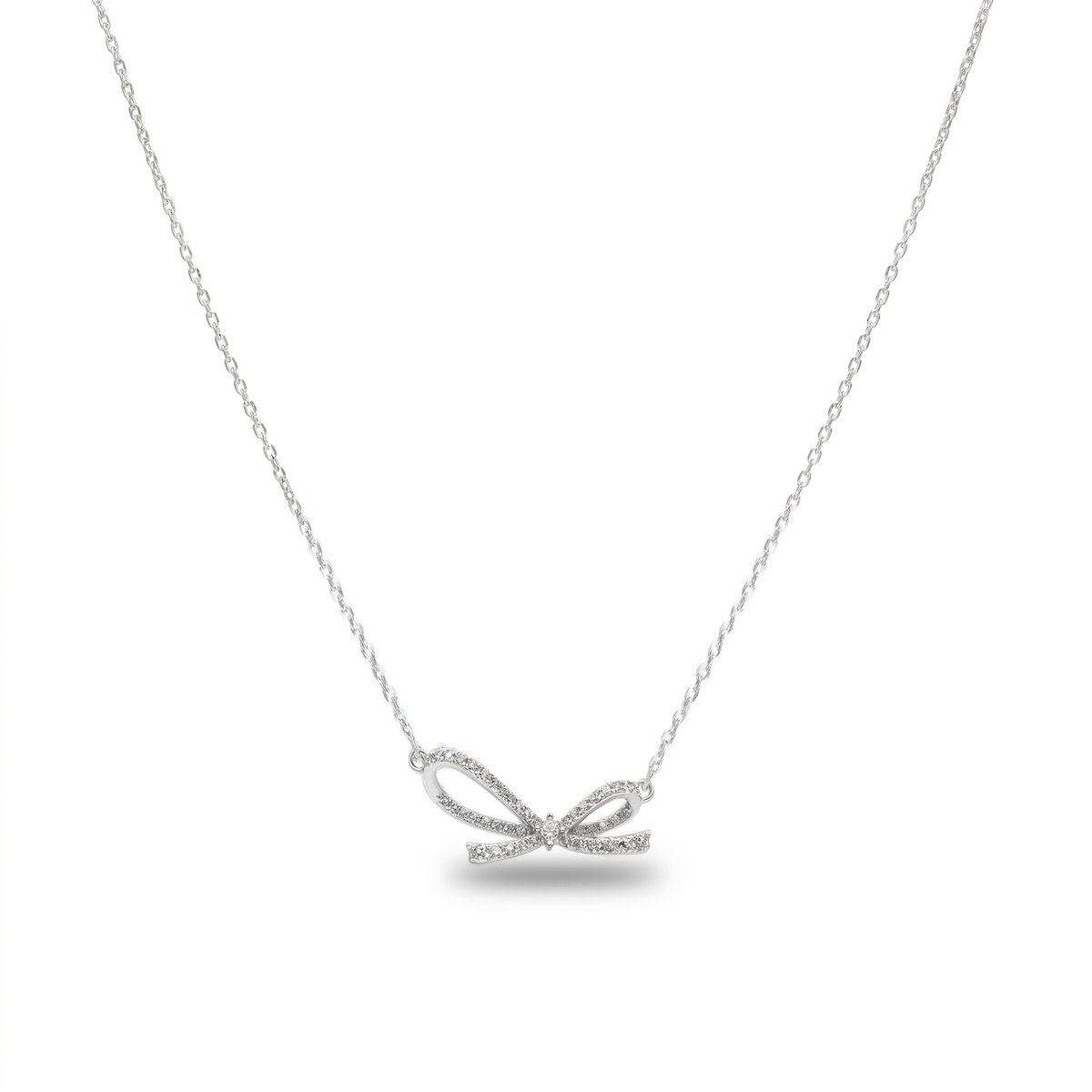 Sterling silver bow pendant necklace on delicate chain, front view