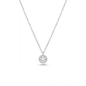 Sterling silver smiley face pendant on chain, front view