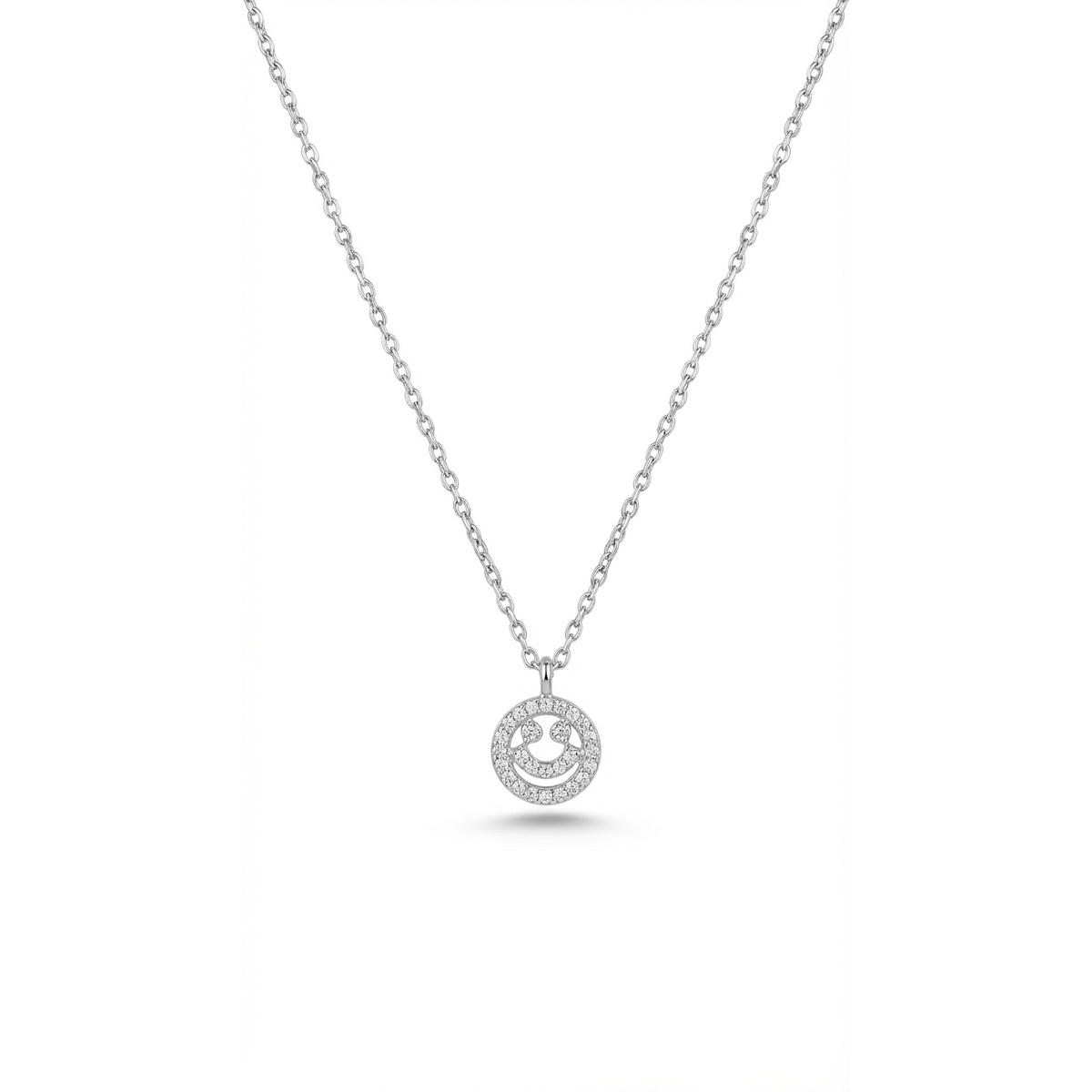 Sterling silver smiley face pendant on chain, front view