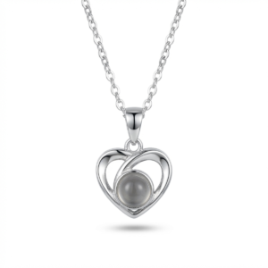 Sterling silver heart pendant necklace with black stone, front view