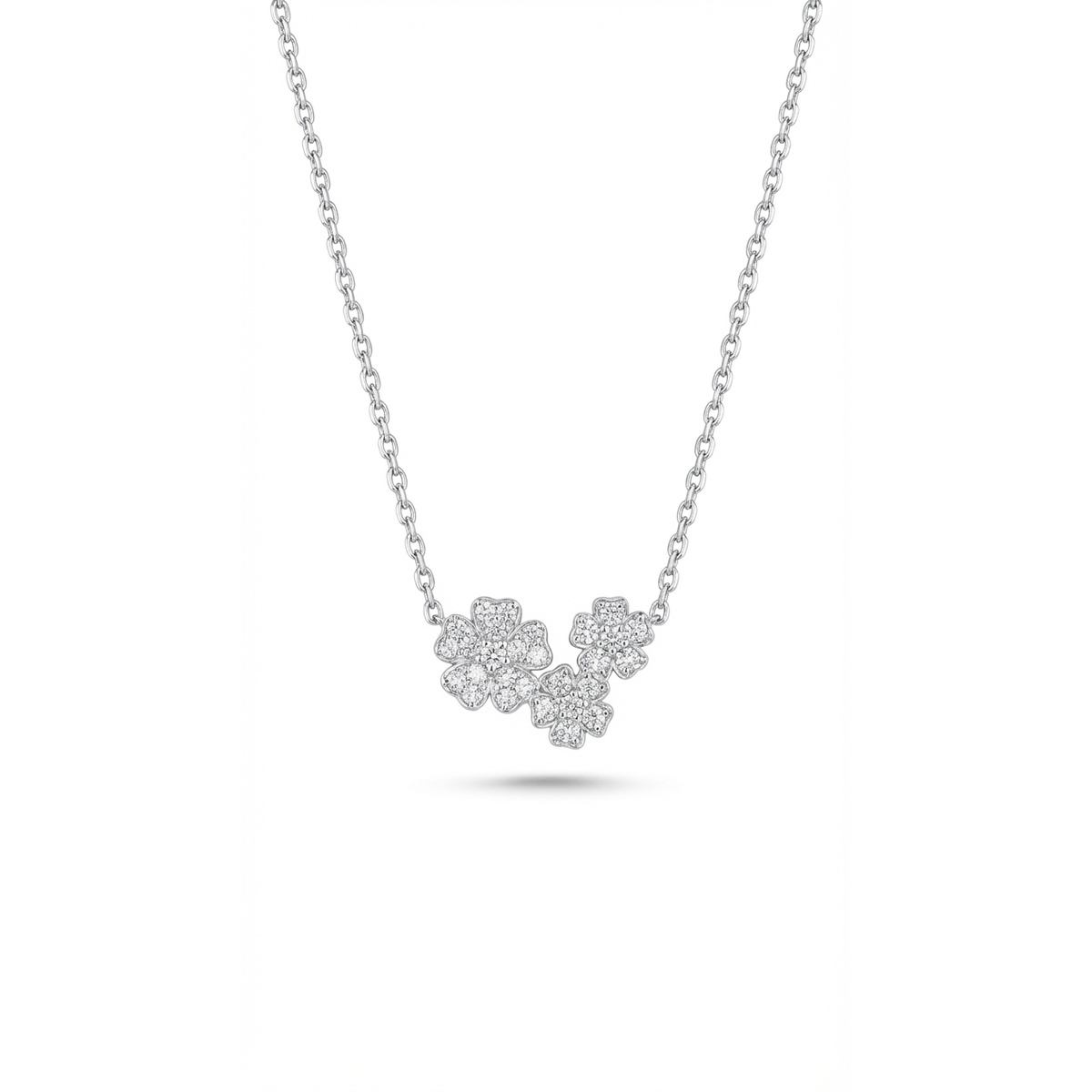 Sterling silver floral necklace with cubic zirconia, front view