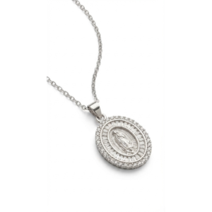 Sterling silver religious medallion pendant with intricate design, front view