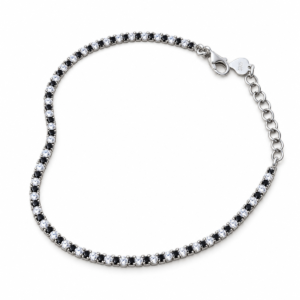 Sterling silver tennis bracelet with black and white cubic zirconia, top view