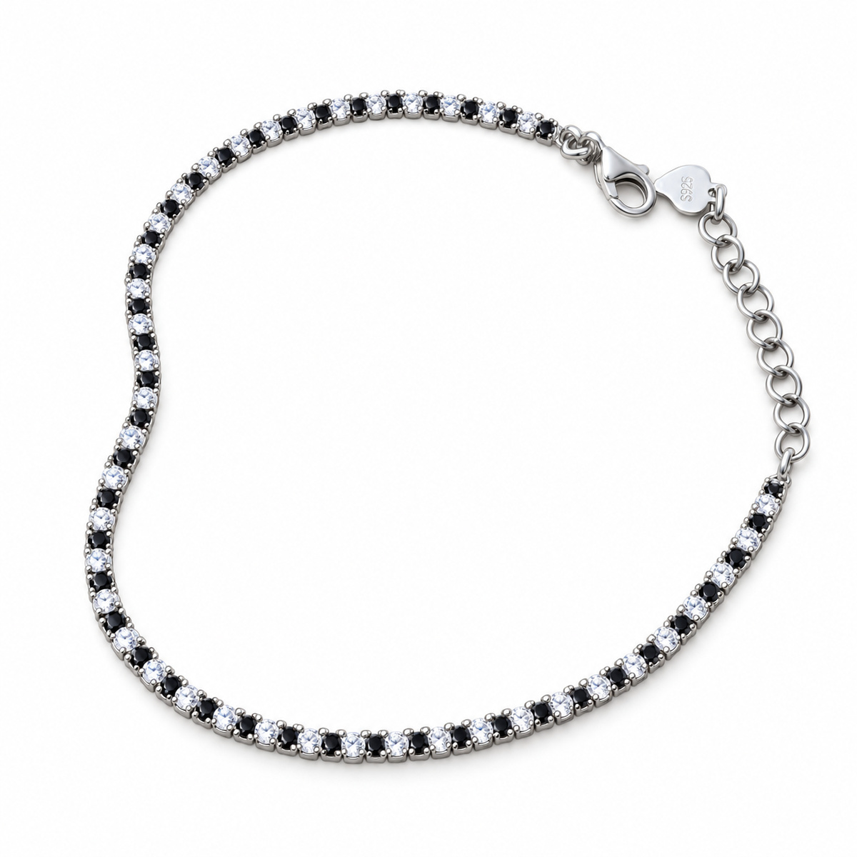 Sterling silver tennis bracelet with black and white cubic zirconia, top view