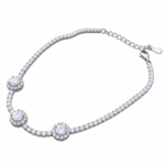 Sterling silver tennis bracelet with triple halo clusters, top view