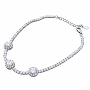 Sterling silver tennis bracelet with triple halo clusters, top view