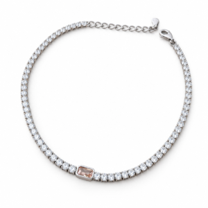 Sterling silver tennis bracelet with cubic zirconia and orange gemstone, top view